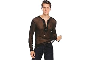 Men's Lace up See Through Long Sleeve T Shirt Mesh Undershirts