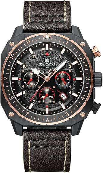 NAVIFORCE Mens Fashion Sport Watch Military Square Big Face Waterproof Chronograph Wrist Watch Luminous Hands Leather Strap, dark brown, Sports