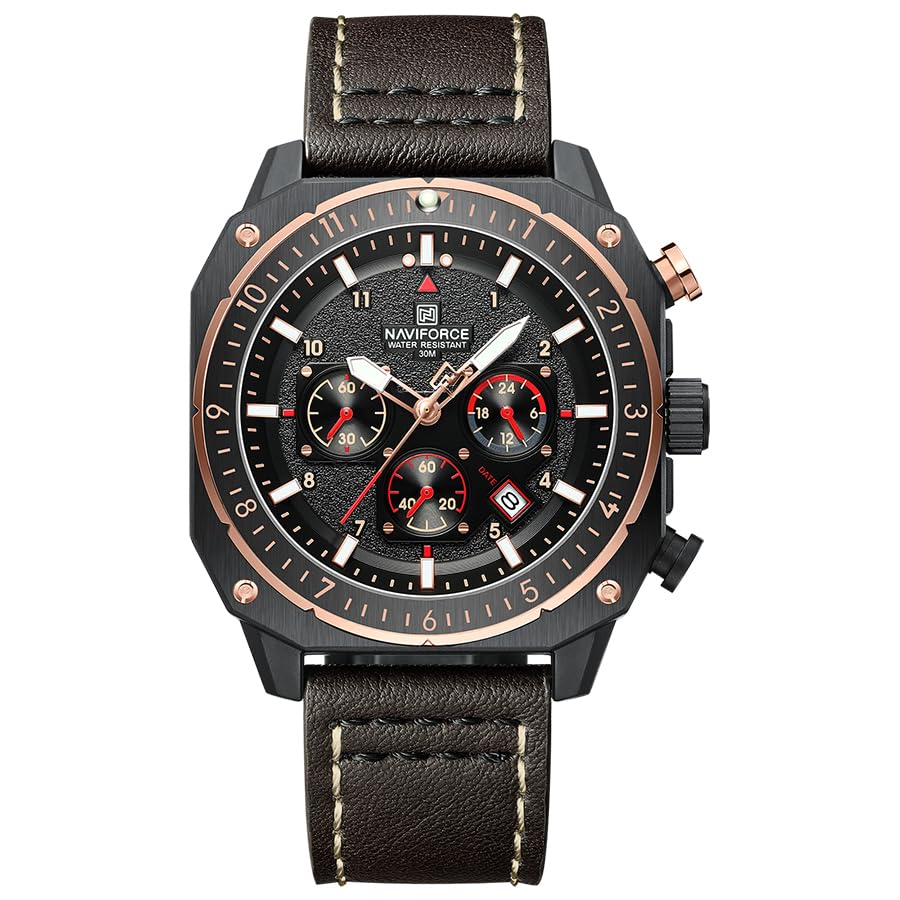 Image of NAVIFORCE NF8057 Square Vintage Military Chronograph Genuine Leather Analog Watch