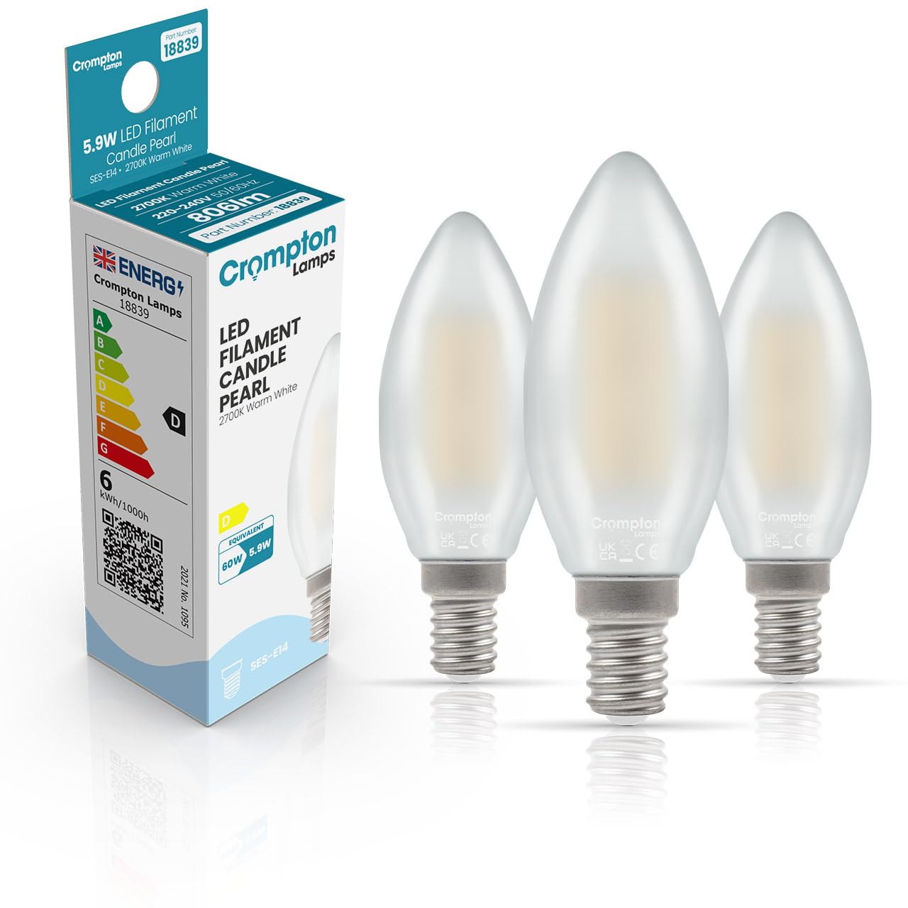 Crompton Lamps Filament Candle LED Light Bulb SES-E14 | 5.9W = 60W Equivalent | Warm White 2700K | Energy Efficient | Small Screw Lightbulb | Long Life 15,000-Hrs | Pearl Glass | Dimmable | 3-Pack