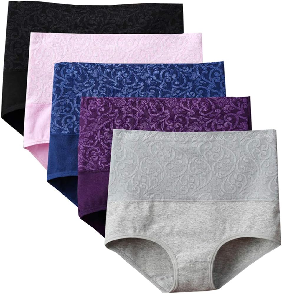 Womens High Waist Underwear Solid Color Tummy Control Cotton Brief Panties 3/5 Pack