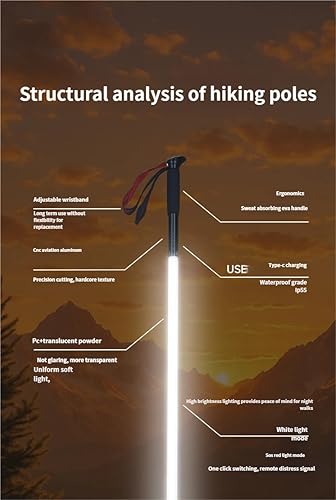 Miniatura 9 de Bastón de senderismo LED, aluminio de aviación, 39.4 in, recargable tipo C, IP55 impermeable, luz blanca con modo SOS, mango ergonómico de EVA, para