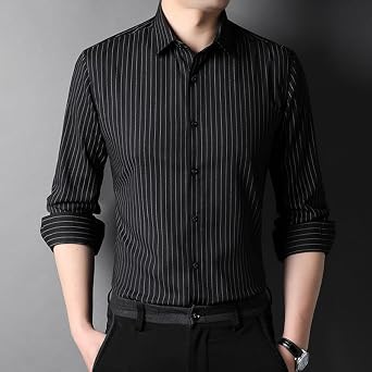USTZFTBCL Designer Slim Fit Vertical Stripes with Cufflinks Mens Shirts Casual Long Sleeve Men Clothing