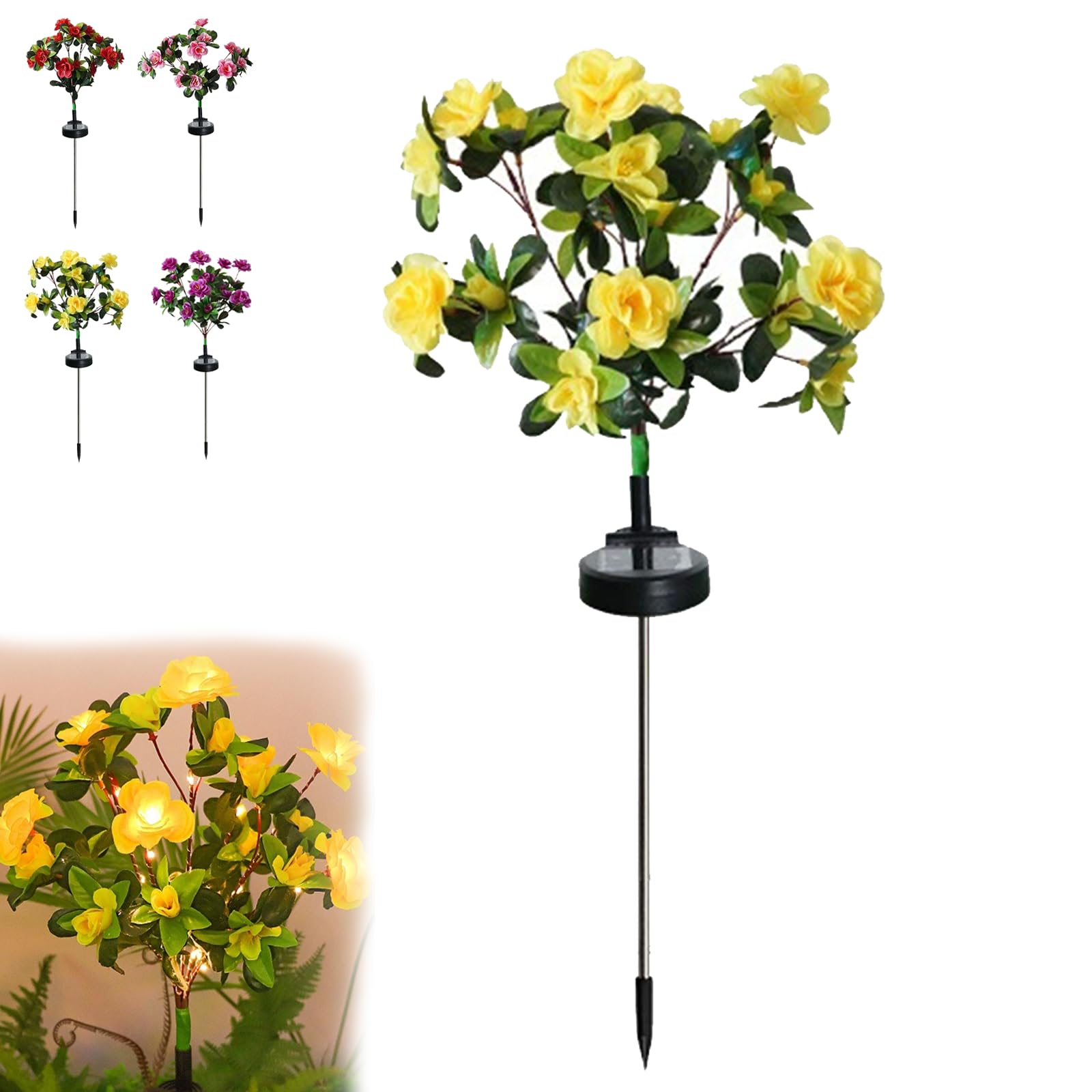 Dawhare Memorial Garden Bloom Lights – Featuring Ultra-Realistic Artificial Petals, Solar Azalea Flowers Light, Outdoor for Yard Patio Pathway Lawn Fence Cemetery (Yellow, Warm Light)
