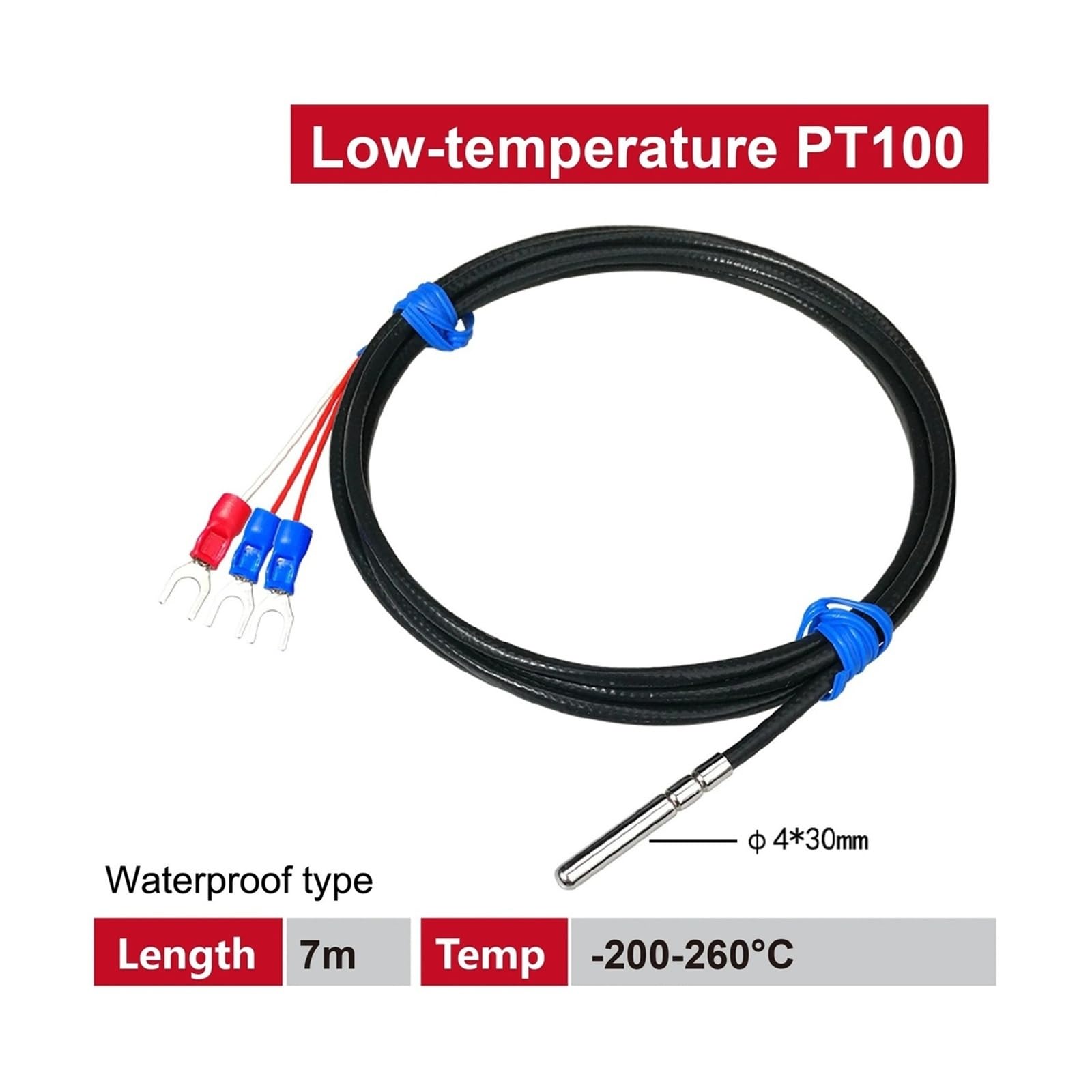 PT100 PT1000 Sonda de sensor temperatura RTD criogénica, -200~260 °C, 4x30 mm Acero inoxidable resistente al agua for congelador Almacenamiento en frío Uso industrial 1 pieza(PT100-7m)