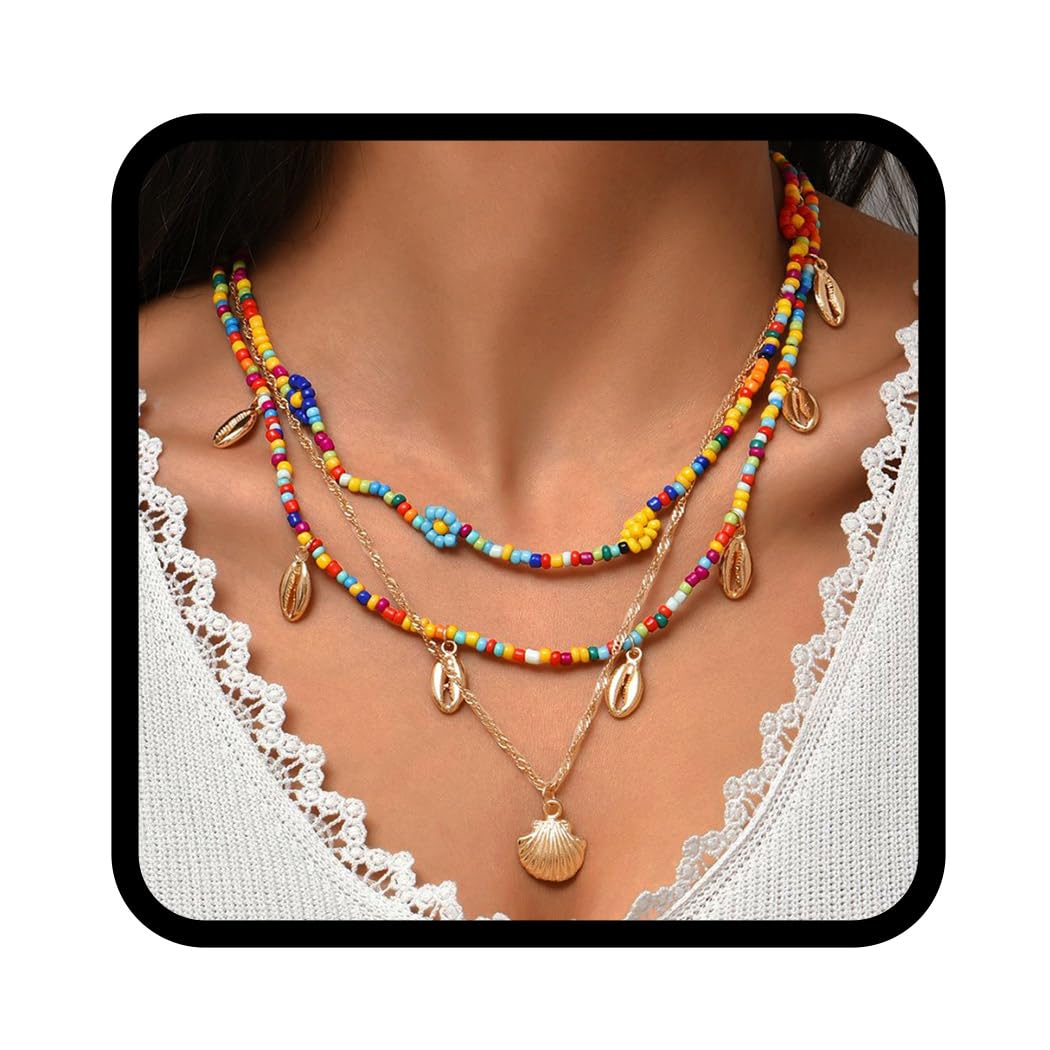 Zoestar Collar bohemio en capas con colgante de concha dorada, collar de playa con cuentas de concha, joyería de cadena para mujeres y niñas