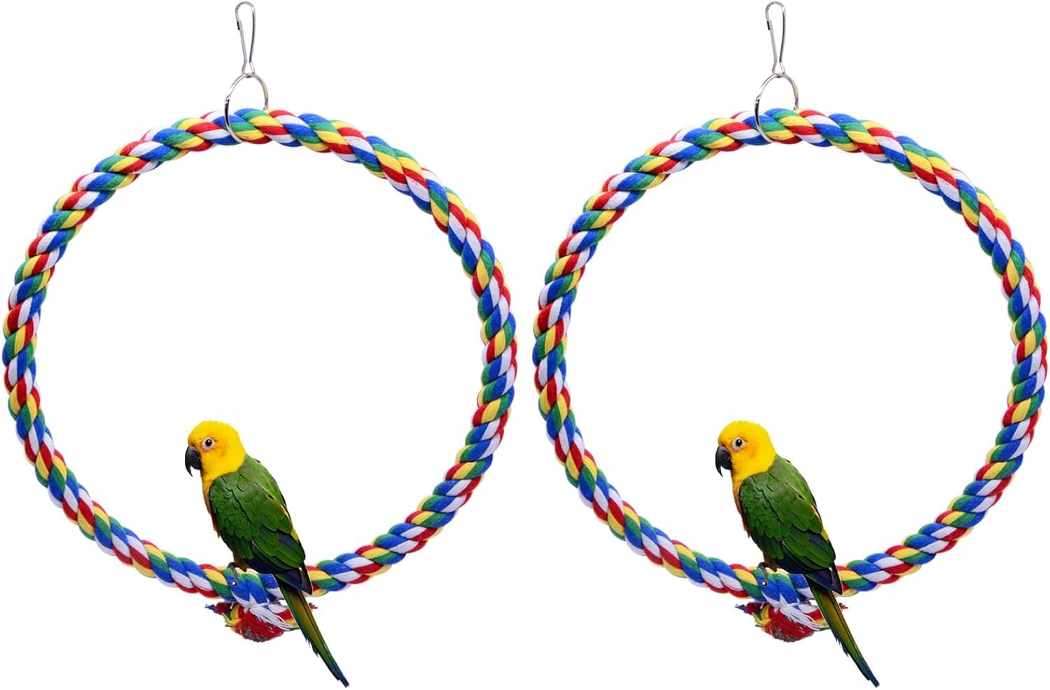 2 PCS Parrot Swing Toy – 25cm Bite-Resistant Cotton Rope Bird Perch with Stainless Steel Hook for Budgies Cockatiels, Hanging Cage Playground for Small Birds