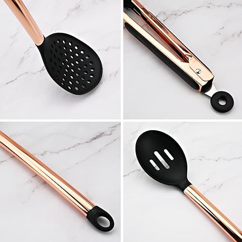 Miniatura 8 de Soporte de acero inoxidable para utensilios de cocina de cobre, organizador de utensilios de cocina para encimera, fácil de limpiar, oro rosa