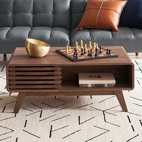 mopio Ensley Coffee Table, Mid Century Modern Table with Storage, Farmhouse Wood Coffee Table for Living Room Fluted (Walnut) Cover