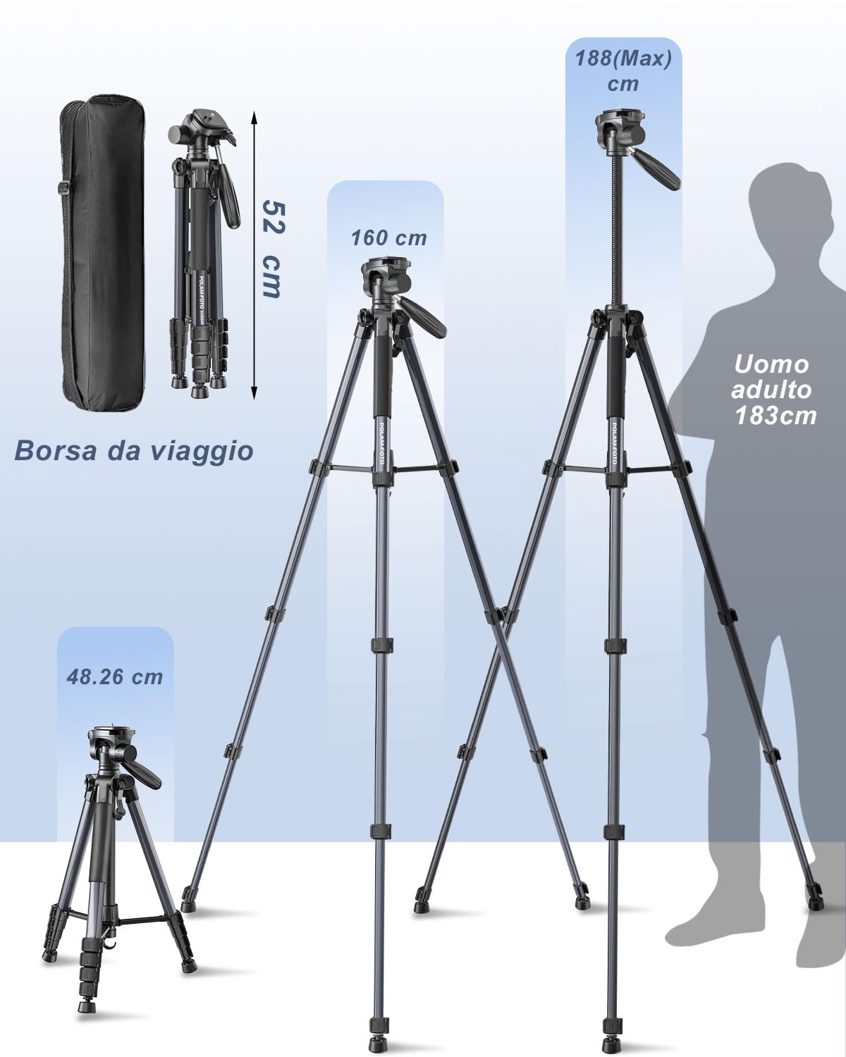 POLAM-FOTO Treppiede per fotocamera da 188 cm, treppiede Porfessional in alluminio resistente, treppiede compatto con borsa per il trasporto, con supporto per telefono grigio