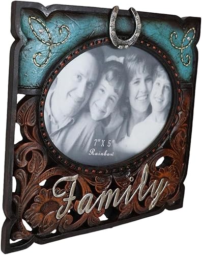 Miniatura 4 de Ebros Gift Rustic Western Family - Marco de fotos de piel sintética turquesa y resina de madera tallada, 7 x 5 pulgadas, con caballete trasero,