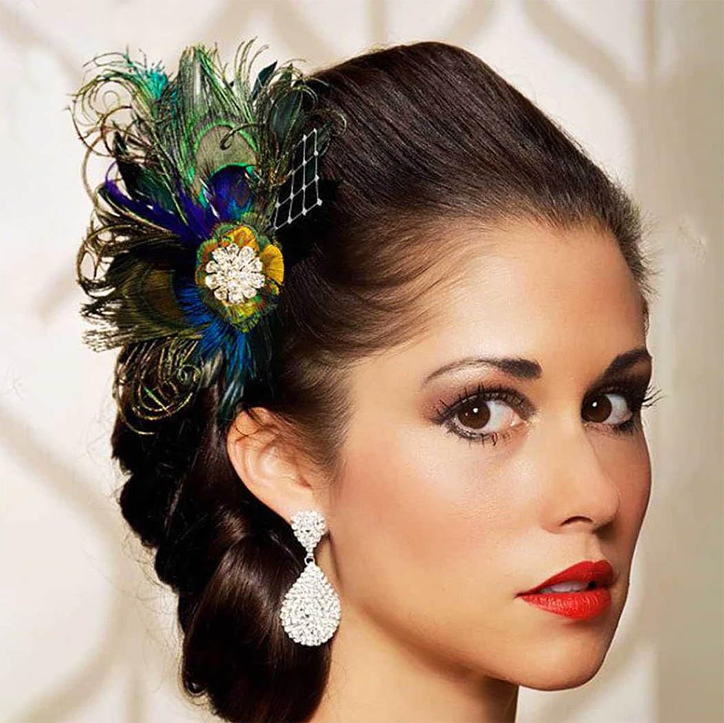 Yokawe Peacock Feather Hair Clip 1920s Fascinator with Rhinestone Flapper Prom Hair Accessories for Women - Image 5