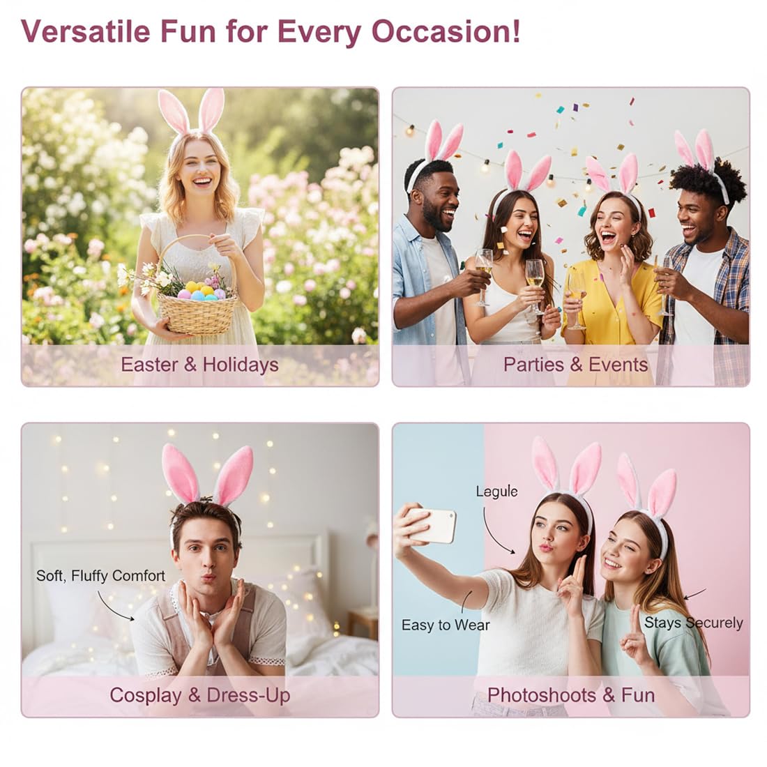 Serre-tête Lapin, Accessoire de Pâques, Déguisement de Carnaval pour Femmes et Enfants, Idéal pour Fêtes, Célébrations de Pâques, Spectacles et Photos de Famille Festives