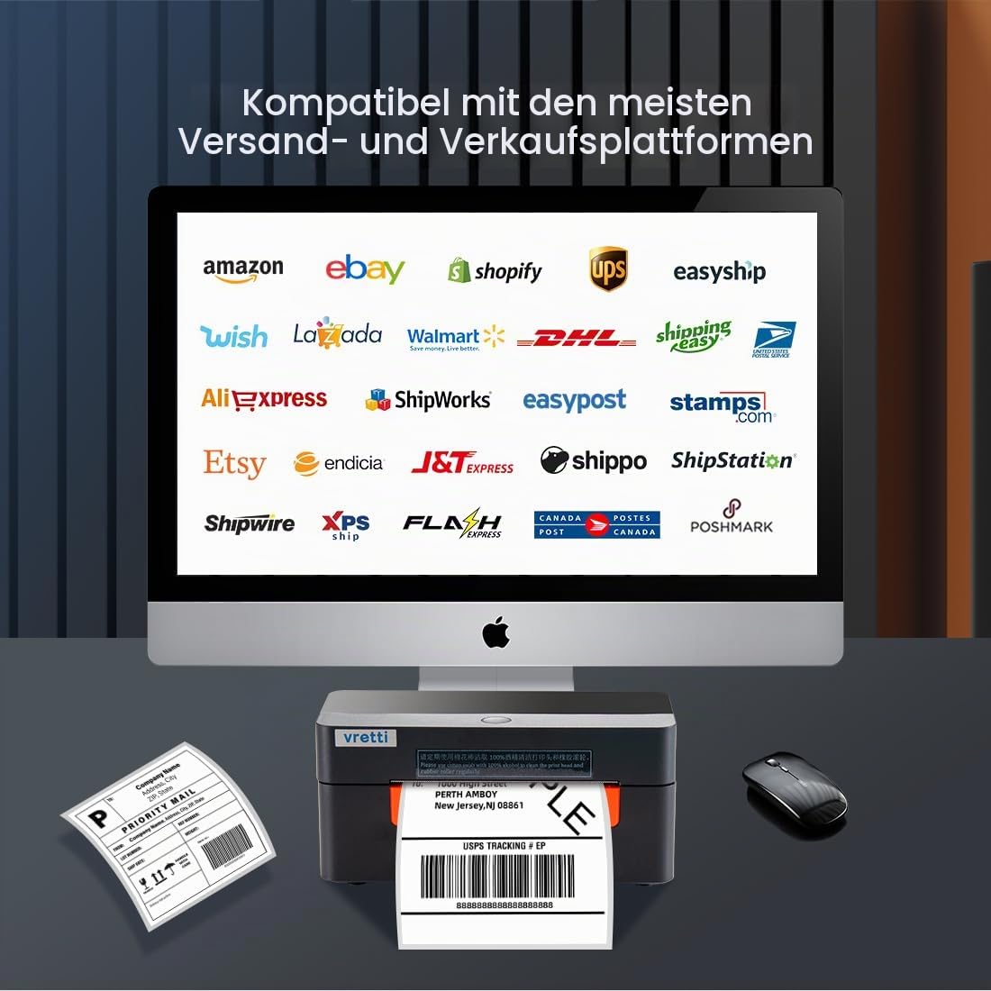vretti WiFi Etikettendrucker 4x6,WLAN Shipping Label Printer | DHL Versandetiketten 100 x 150 mm,Thermodrucker Labeldrucker für DHL DPD UPS,99,99% Barcode-Scanrate