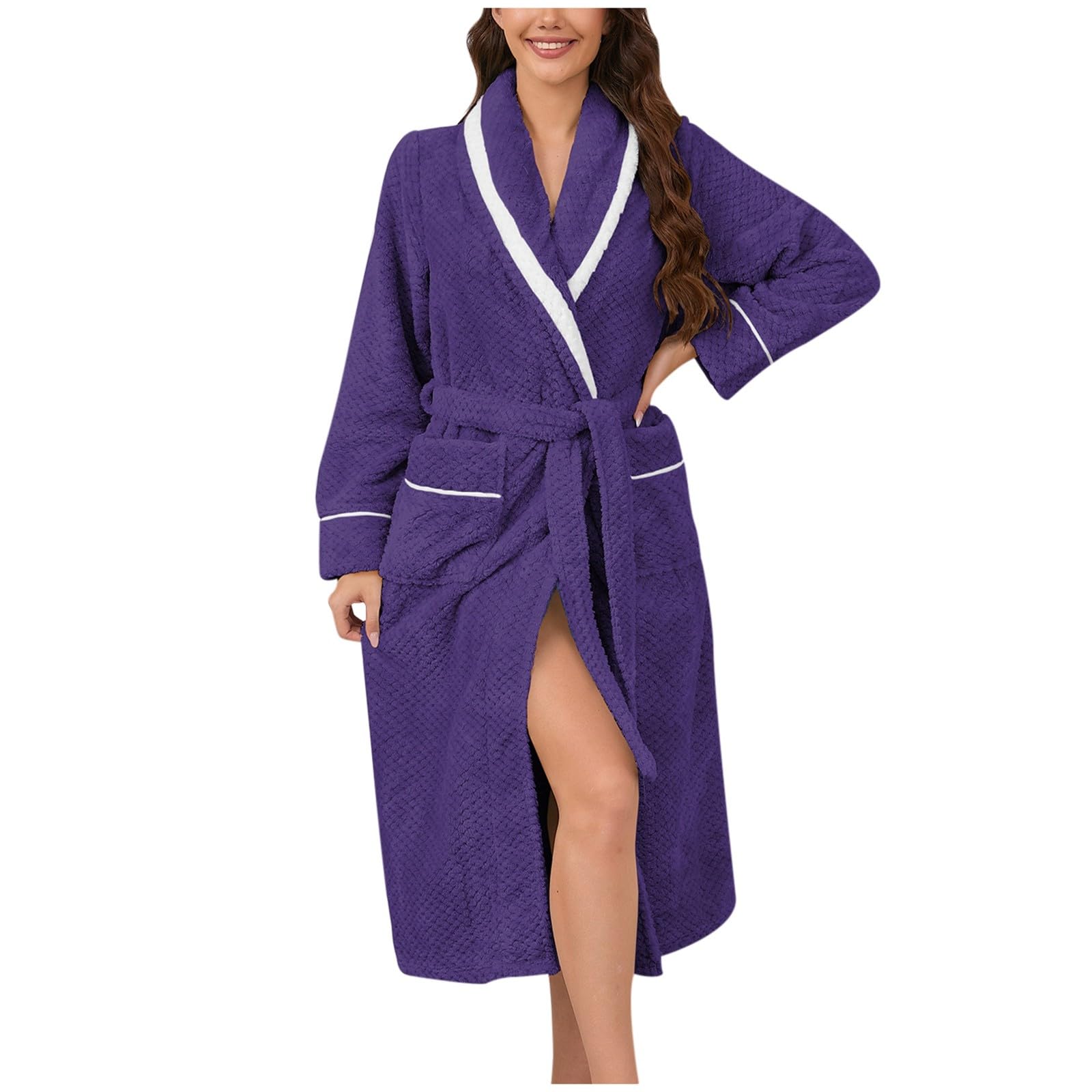 Generisch Peignoir de bain pour femme en tissu éponge moelleux en polaire douce et chaude en coton éponge torsadé poches côtelées longueur genou col en V spa plage mariage fête dormir