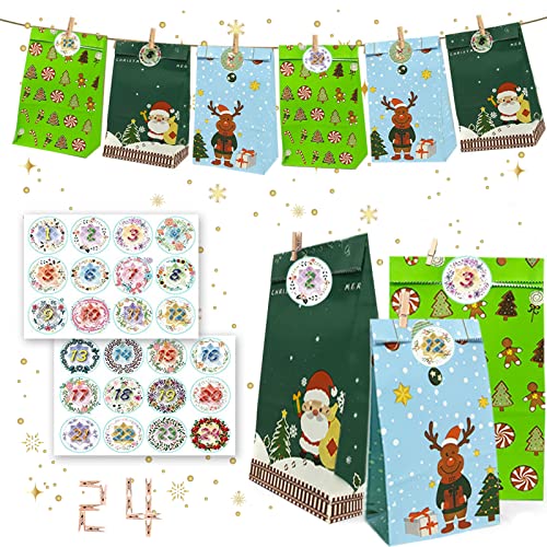 Calendrier de l'Avent à Remplir,24 Noel Calendrier Sacs en Papier Diy NoëL Cadeaux Sacs 2022 à remplir soi-même avec 1 à 24 autocollants numérotés,pour le calendrier de l'Avent Cover