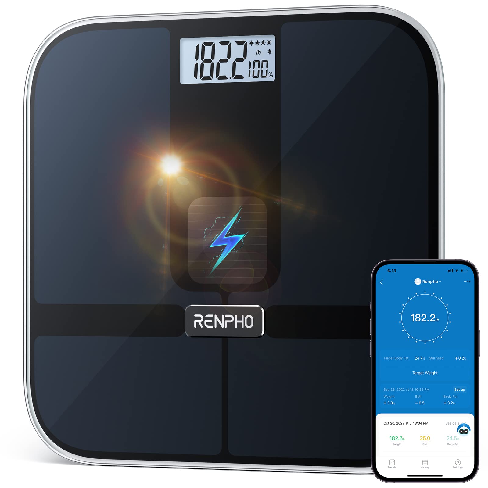 RENPHO Elis Solar 2 Smart Körperwaage – Solarbetriebenes Körperanalysegerät mit WiFi & Bluetooth, 13 Messwerte, App-Integration für Fitness & Gesundheitsmanagement