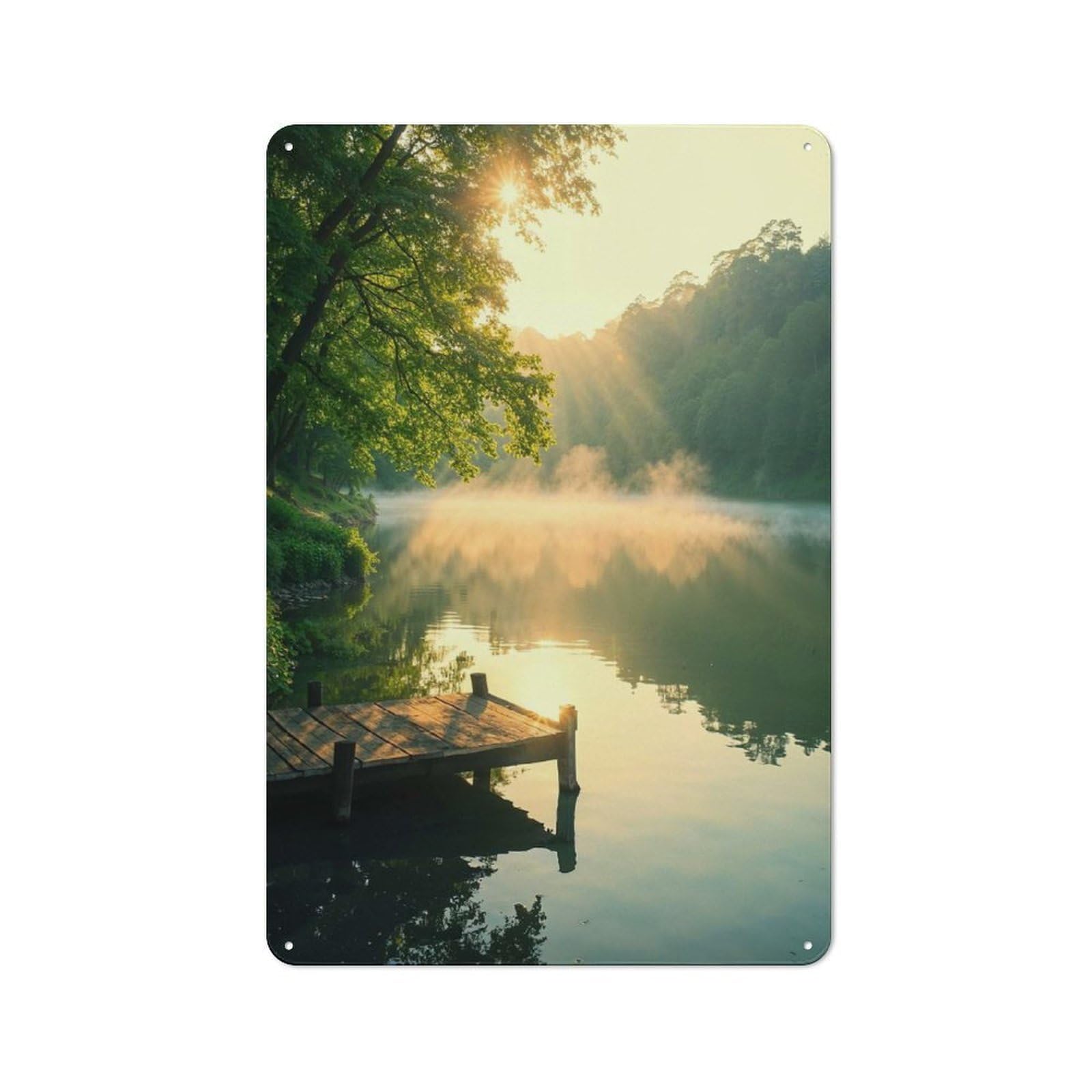 Junmoney Style-2 Metal Wall Plaque With Misty Lake Sunrise Design 30X20cm, Retro Small Space Decor For Flat, Dorm Room, Lounge Or Cafe