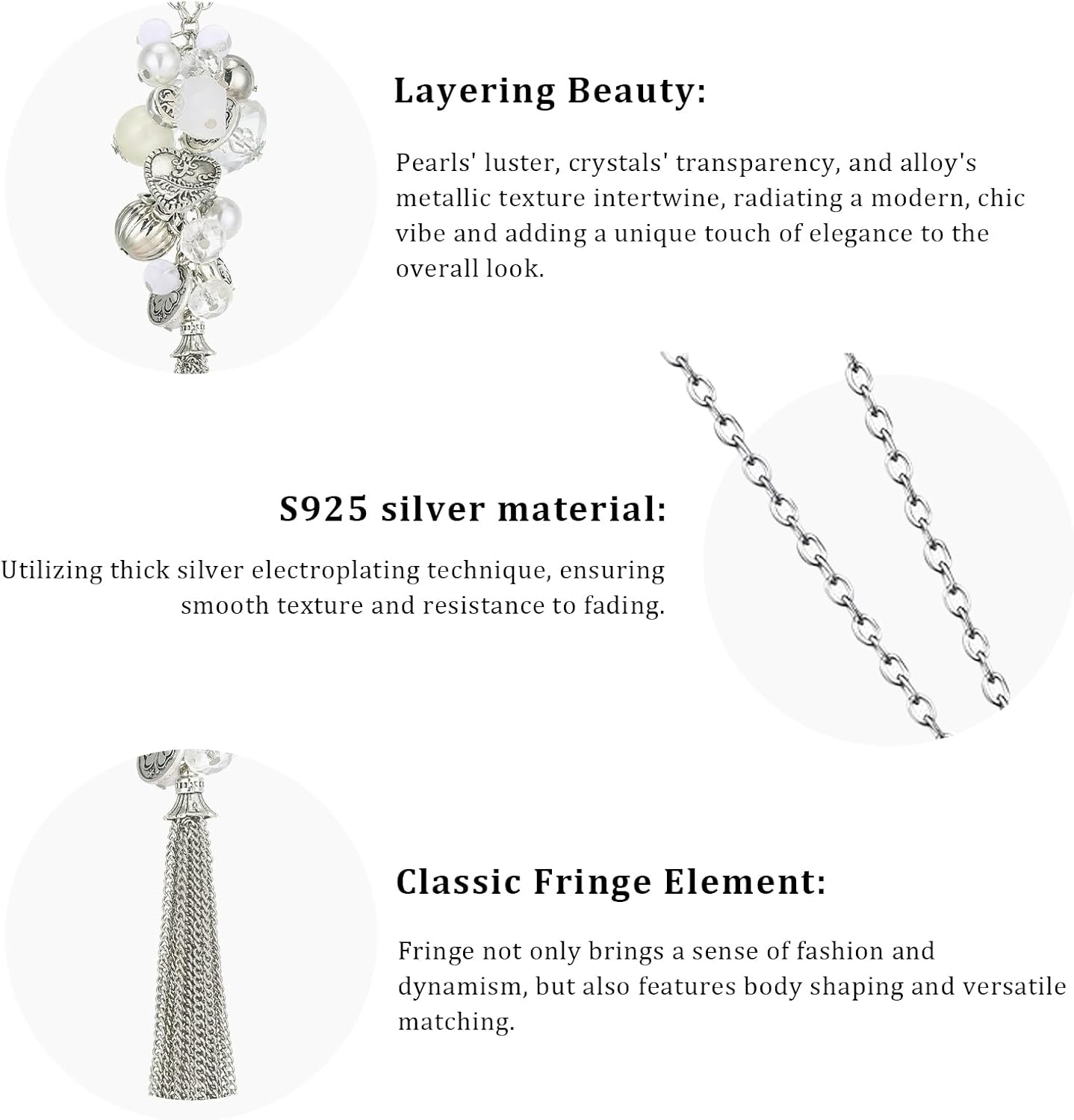 PEARL&CLUB Silver Long Tassel Necklaces for Women Boho Chain Necklace with Tassel Beaded Pendant Silver Fashion Jewelry Gifts for Women - Image 4