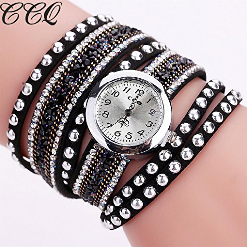 Hot Sale! AMA(TM) Women Fashion Rhinestones Bracelet Watches Casual Wrap Around Wristwatch Gifts (Black)
