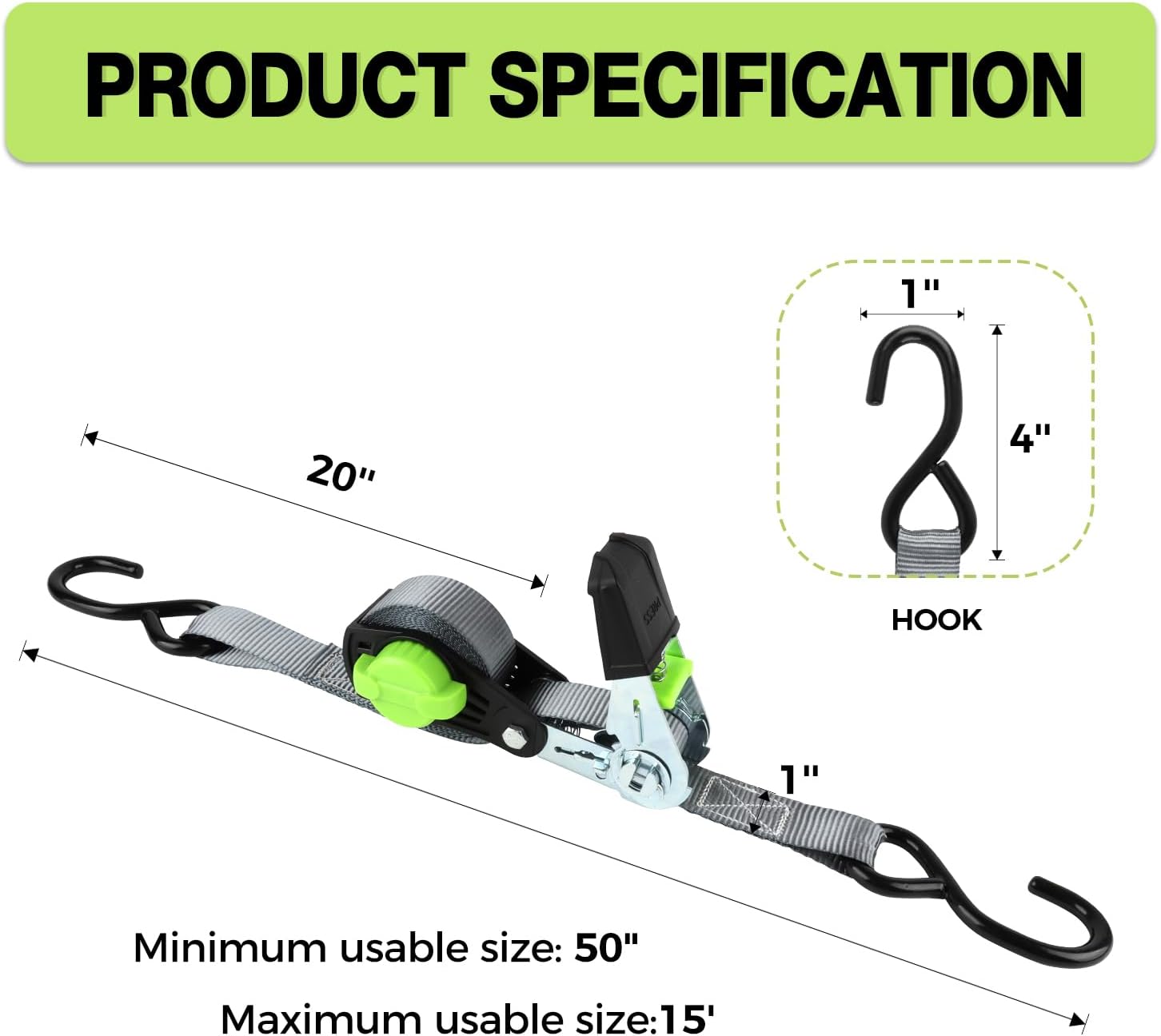 Ratchet Straps Heavy Duty 4 Pack -1in x 15 FT - 1500 LB Break Strength – with Chromoly S Hooks - Cargo Straps for Moving, Appliances, Motorcycle-Self-Storing NeatStrap - Image 4