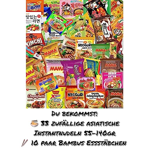 Foto von HELGA-BOX 33 Set, Instant Nudeln Box mit 33 Asia Nudeln (10x Bambus Essstäbchen), ausgewählter Mix an Ramen wie Samyang, Mama, Yumyum, Nongshim- Ramen Nudeln Geschenkbox