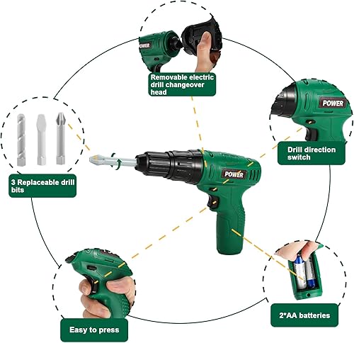 Miniatura 3 de Mathea Juego de herramientas para niños con motosierra electrónica y taladro para niños, juguetes de herramientas realistas para niños pequeños,