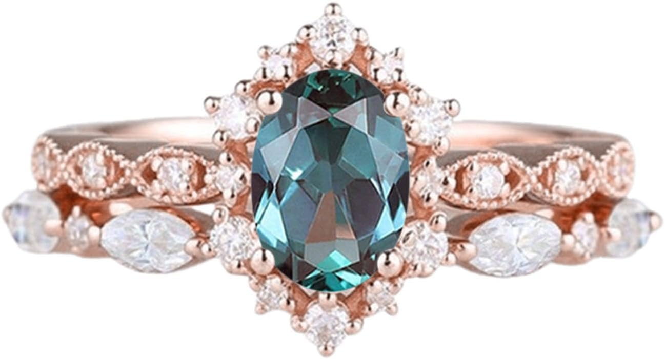 Unique Gemstone Wedding Ring Set Oval Cut Engagement Rings For Women 10k 14k 18k Gold Cluster Birthstone Ring 2 pcs Bridal Sets Wedding Rings