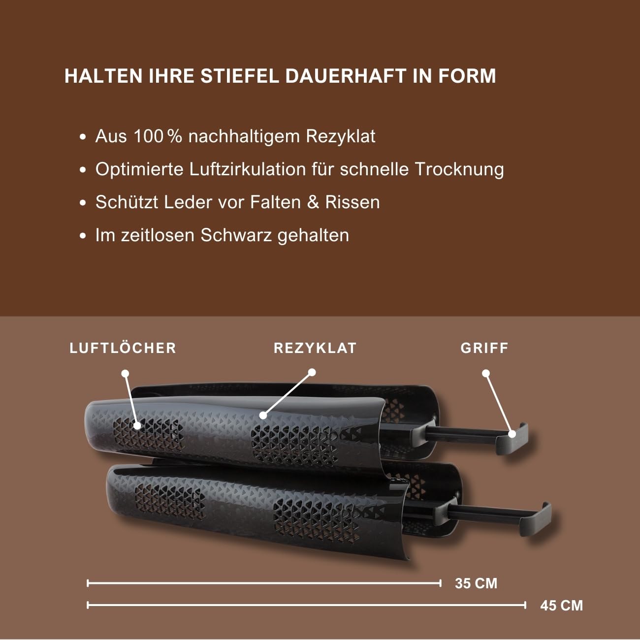 CC Universal Stiefel-Schuhspanner (1 Paar) aus 100% Rezyklat, hält den Stiefelschaft perfekt in Form, verhindert Knickfalten und Risse, Stiefelformer mit innovativer Automatik-Mechanik