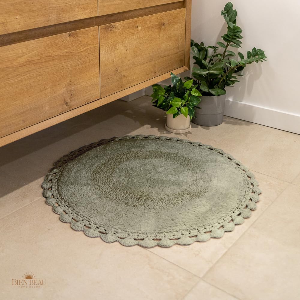 BIEN BEAU Round Bohemian Bathroom Rug with Crochet Contour. Sage Green Bathroom Rugs-100% Cotton, Reversible Round Boho Bedroom Mat - Boho Bathroom Decor-Slip Resistant Backing. Sage Green 30" Sage Round