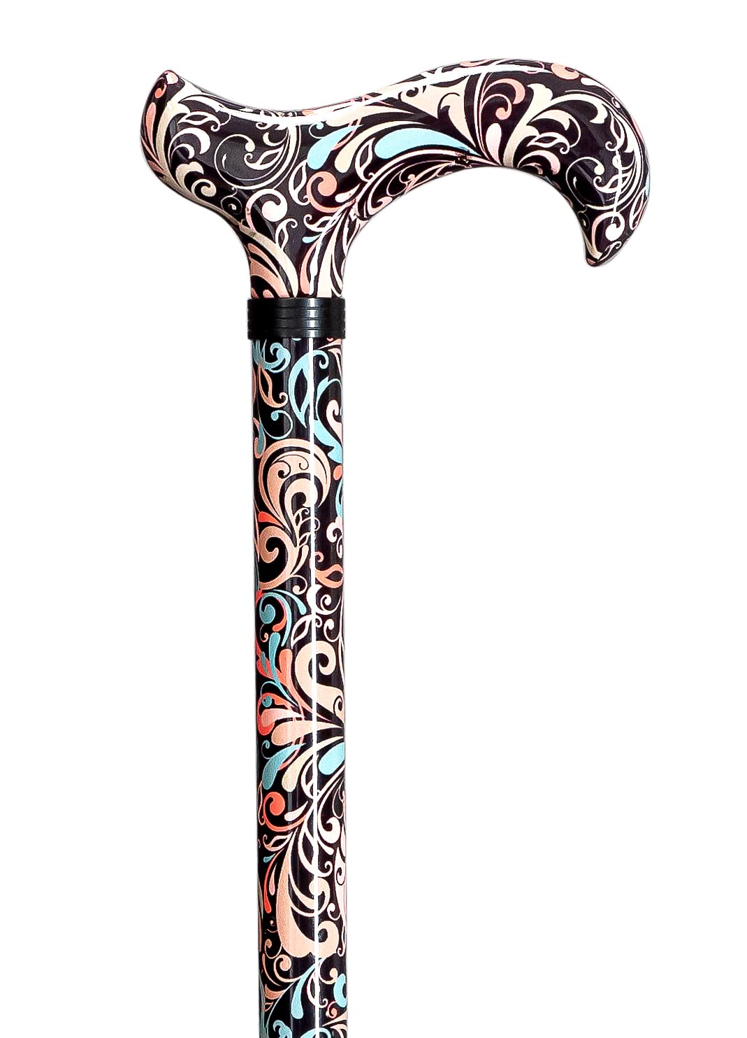 Design Gehstock GROOVE, farbig, bunt, modisch, höhenverstellbar von 75-100 cm, Derbygriff, Leichtmetall, edler Zierring in schwarz, belastbar bis 110 Kg, inkl. Gummipuffer