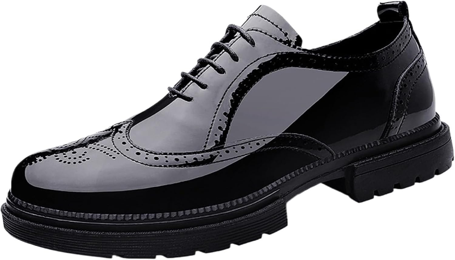 Męskie Lakierowane Skórzane Buty Typu Brogue Z Rzeźbionymi Brogsami, Grube Skórzane Sznurowane Buty Typu Oksford, Codzienne, Komfortowe Buty Do Pracy I Biura, Black, 7.5 UK