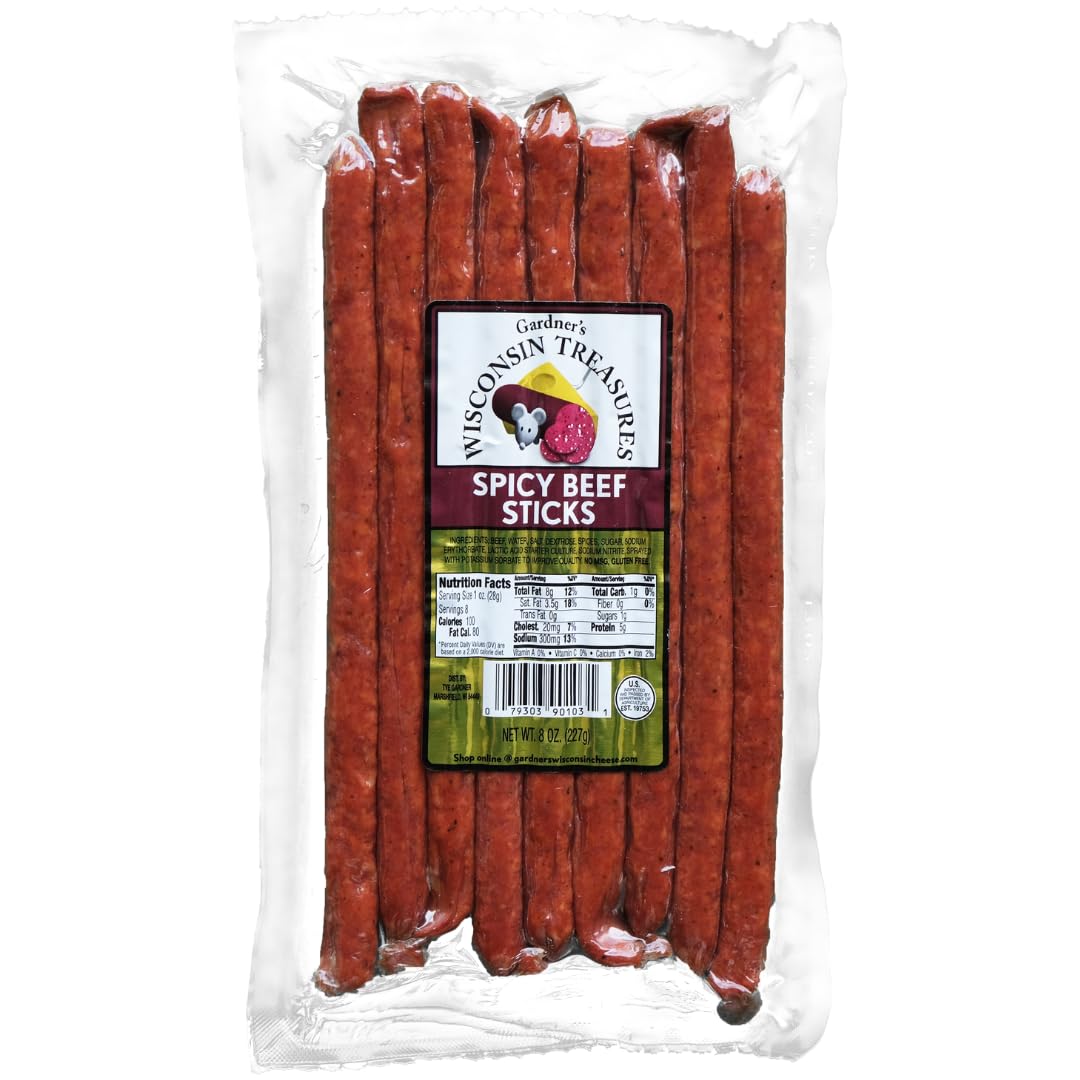 Gardner's Wisconsin Cheese, Meat Sticks (1 Ounce Sticks, Pack of 8) - Spicy Beef Flavor, Low Carb Snack, Does Not Require Refrigeration