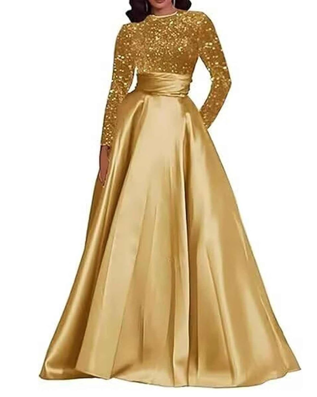 Long Sleeve Prom Dresses for Women Sparkly Sequin Satin Formal Evening Dress Long A-Line Ball Gown with Pockets
