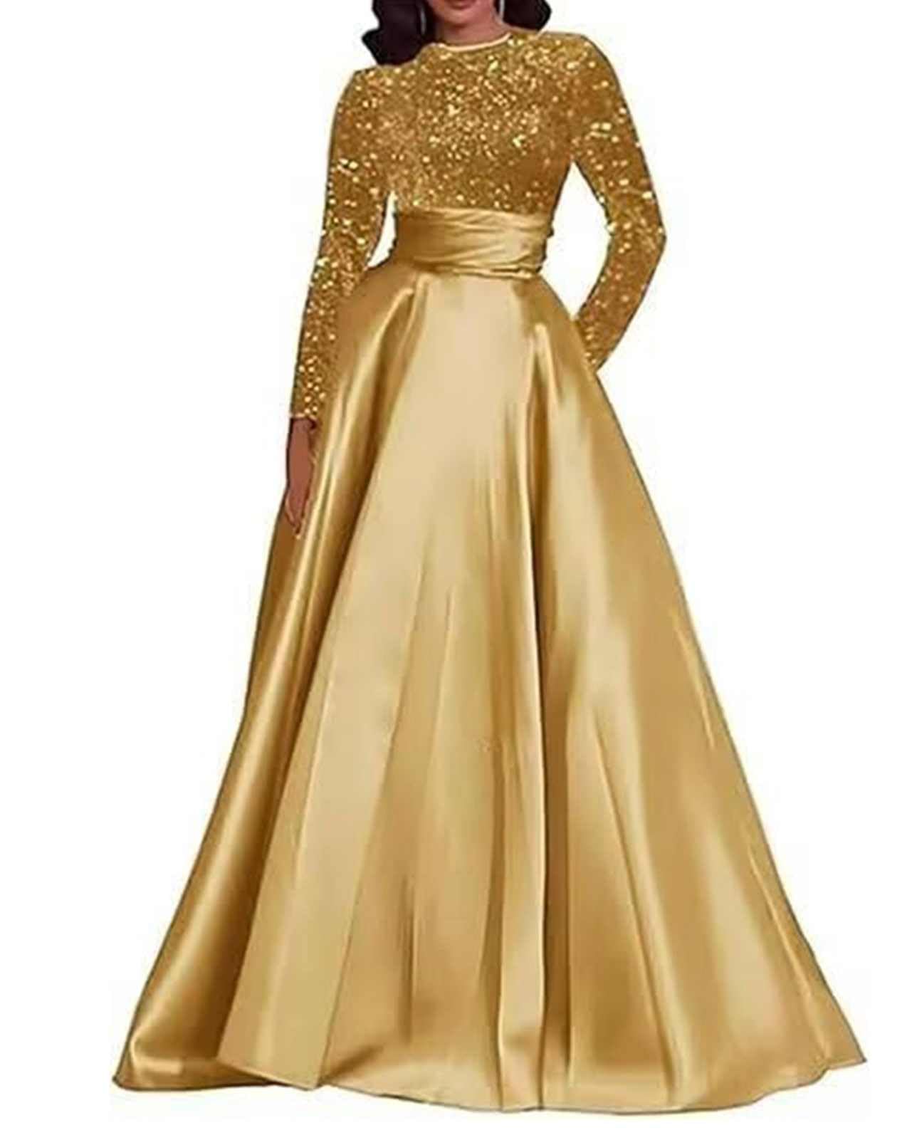 Long Sleeve Prom Dresses for Women Sparkly Sequin Satin Formal Evening Dress Long A-Line Ball Gown with Pockets