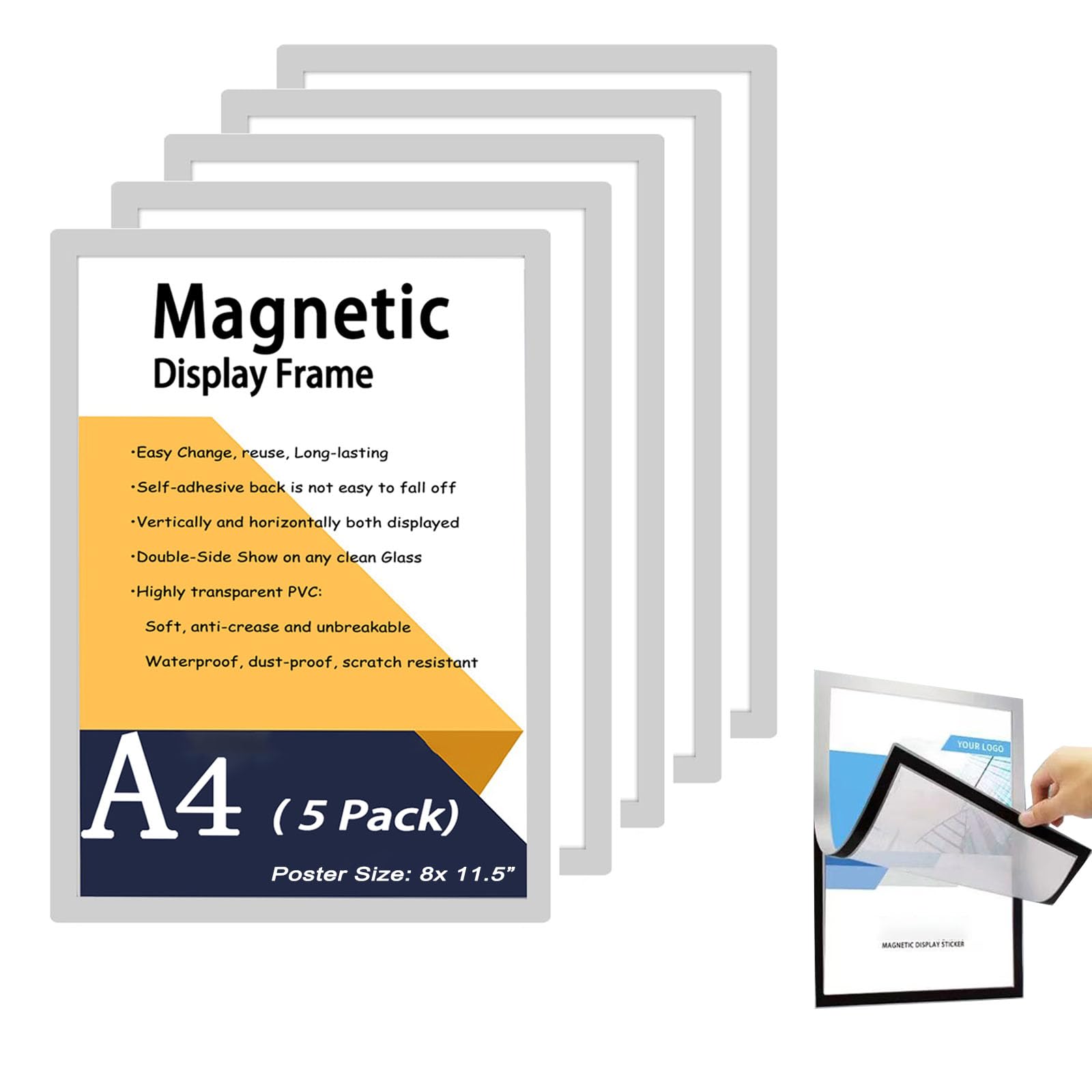 A4 Magnetic Frame 5 PCS, 8x11 Self-Adhesive Magnet picture Frames wall mount, Thickened Magnetic Sign Holder Clear A4 Paper Display Frame for Paintings,Photos,Notices,Certificate,Poster,Ads,Documents