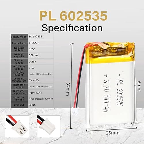 Miniatura 2 de 3.7V 500mAh 602535 Lipo Rechargeable Ion Pack with JST Connector 1pcs