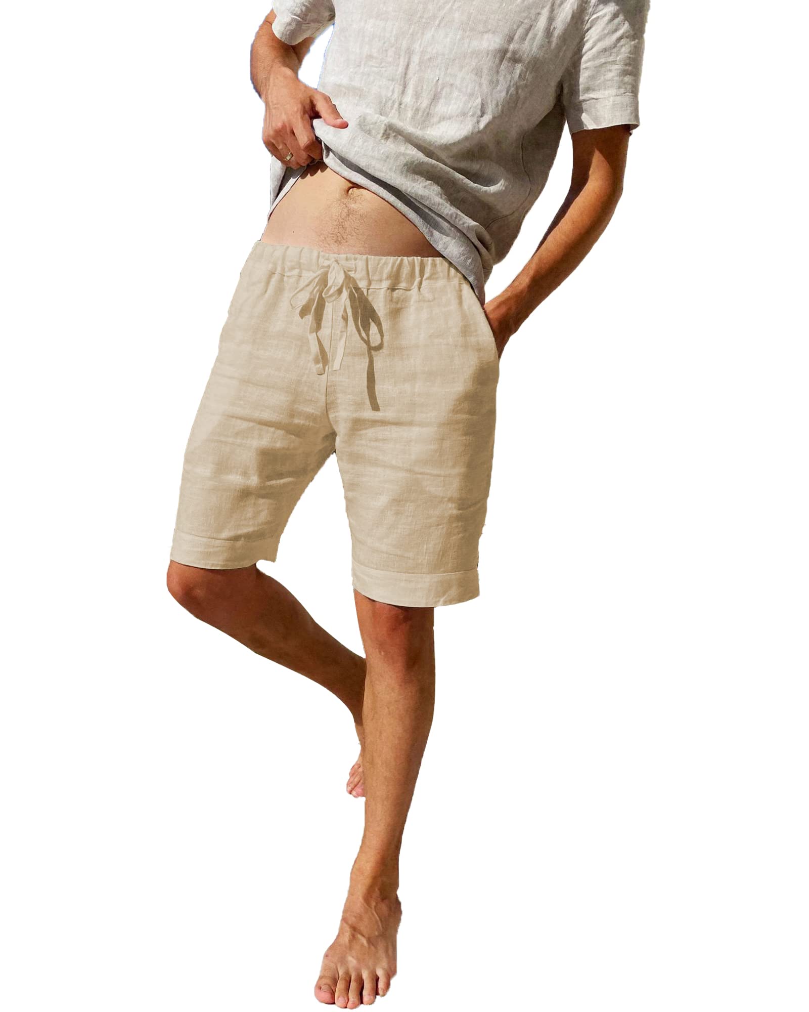 LVCBL Pantalones Cortos de Lino Informales Sueltos de Verano para Hombre con Bolsillos Cintura Elástica