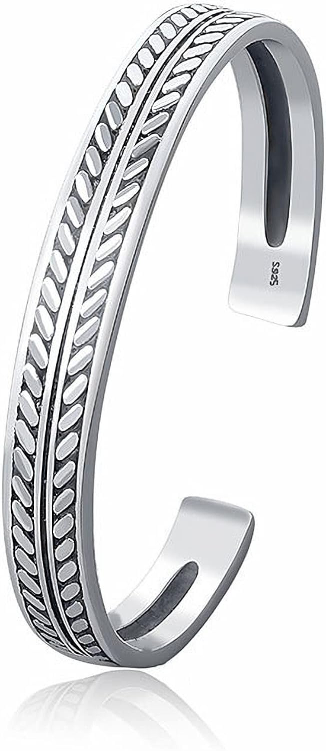 Beccalame Sterling Silver Cuff Bracelet Jewelry For Women Men Vintage Decorative Leaves Pattern Open Bracelet Gift: Clothing, Shoes & Jewelry