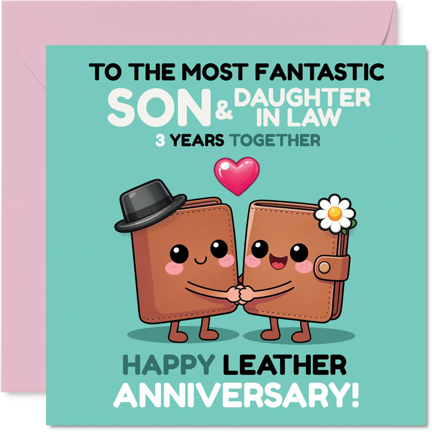 Playful 3rd Anniversary Card for Son & Daughter in Law - Three Cheers for Leather Love - Cartoon Wallet Duo Celebrates 3 Years Together - 145mm Square, Envelope Included