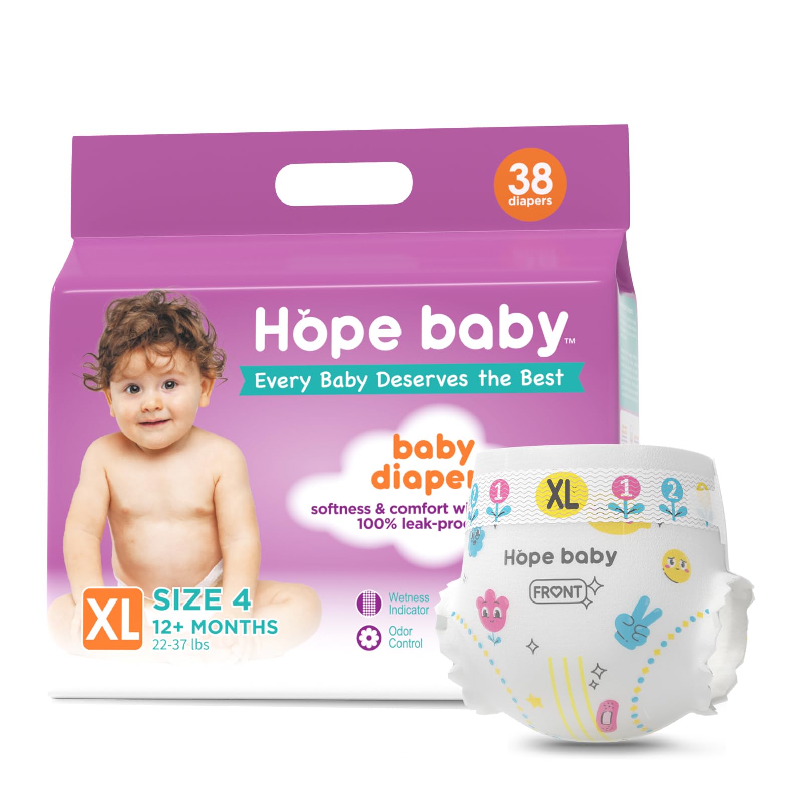 HOPE BABY Diapers Size 4(22-37 LBS) Disposable Baby Diapers Newborn Dry, 38 Count Softness & Comfort Fit, Leak-Proof Overnight Protection, Hypoallergenic with Skin