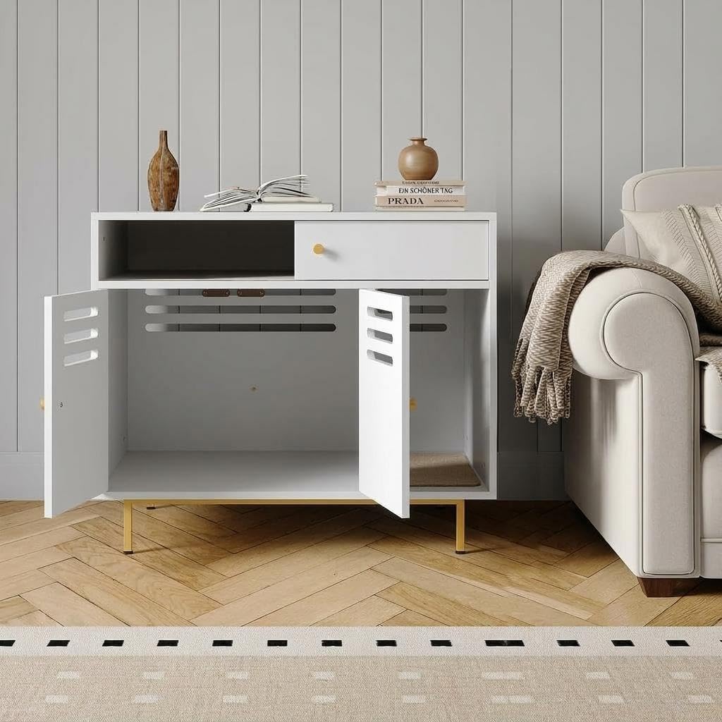 Modernes Katzenklo-Möbel mit Schublade, Regal, Versteckter Katzenklo Schrank 80 × 50 × 67cm, Katzenstreu Enclosure mit Seitlicher Einstieg, Belüftetes, Hundesicher für Flur & Schlafzimmer, Weiß