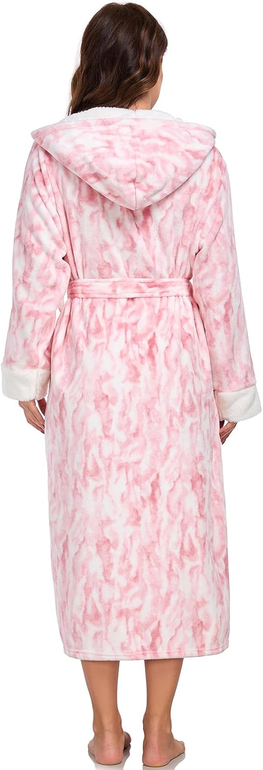 RONGTAI Womens Plush Fleece Hooded Bathrobe, Thick Nightgown Long Robe Sleepwear with Two Side Pockets and Belt - Image 2