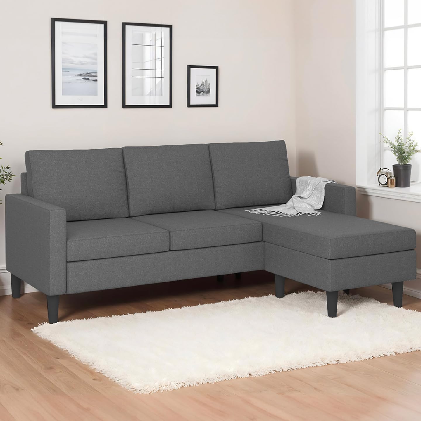 IDMarket - Sofá esquinero 3 plazas Marius 200 cm, reversible, color gris