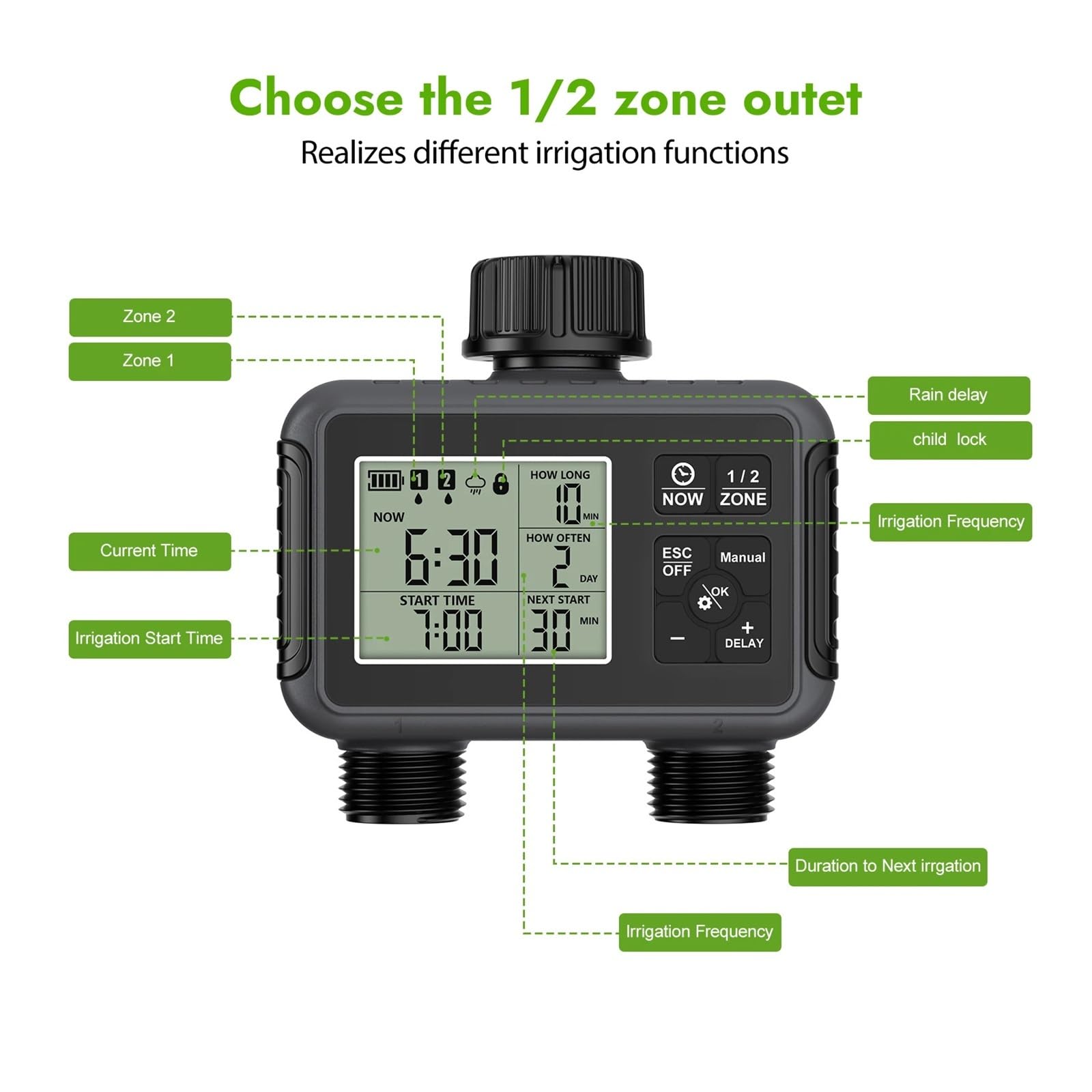 Temporizador de aspersor de 2 zonas programable IPX5 riego de jardín | Temporizador programable for sistemas de riego por goteo y césped.(G thread)