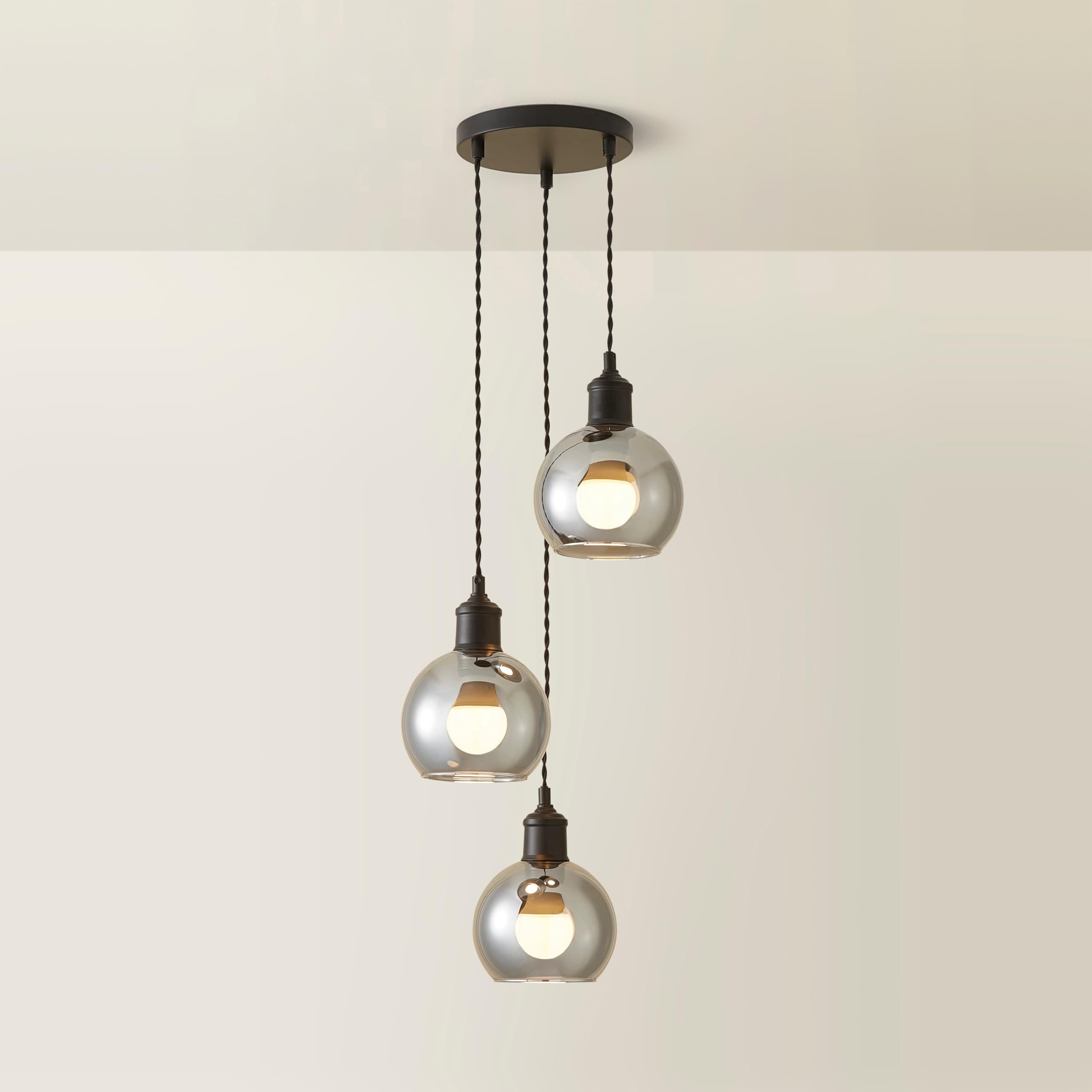 ValueLights | Bellamy Smoked Glass Globe 3 Drop Cluster Matte Black Ceiling Pendant Light | Pendent Light, Home Décor & Improvement Essential | Includes Full Wired Fitting