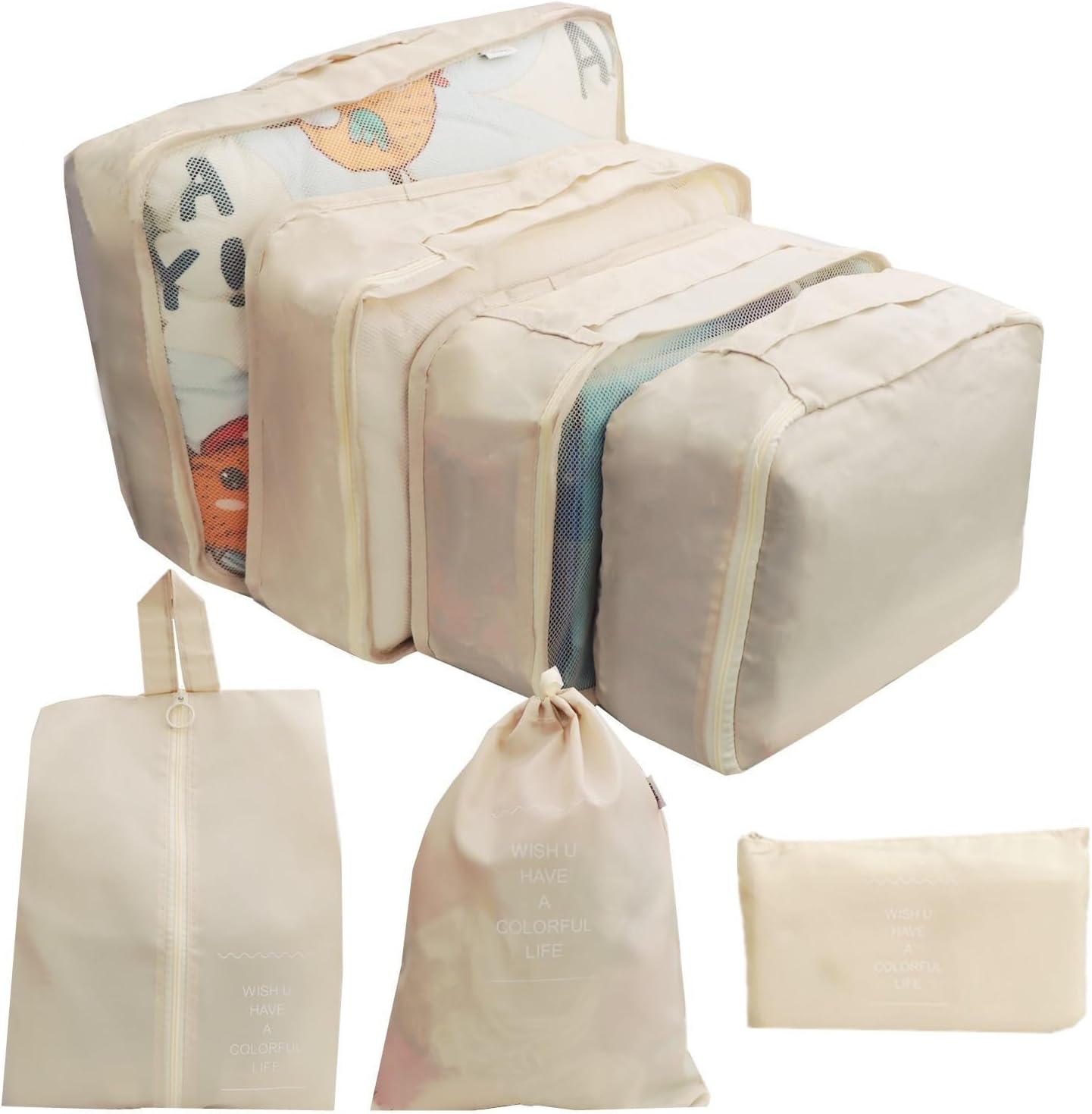 7 Set Packing Cubes for Travel – Luggage Organizer Bags – Travel Packing Organizers Compression Pouch for Travel Accessories, Travel Essentials, with Laundry Bag, Shoe Bag for Suitcase – Beige