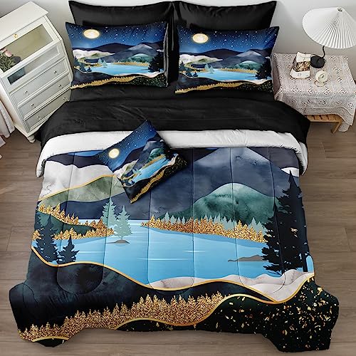 Merryword Nature Mountian Comforter Set Queen Size 4 Pieces Moon Night Bedding Set Watercolor River Marble Printed Camping Comforter Sets For Girls Boys Women #TOP1