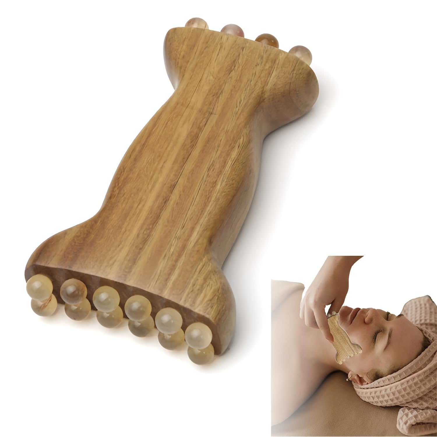 Horn Facial Contour Roller – Natural Horn & Green Sandalwood Skincare Tool for Lifting, Firming & Glow – 20-Bead Face Roller for Jawline & Neck Care