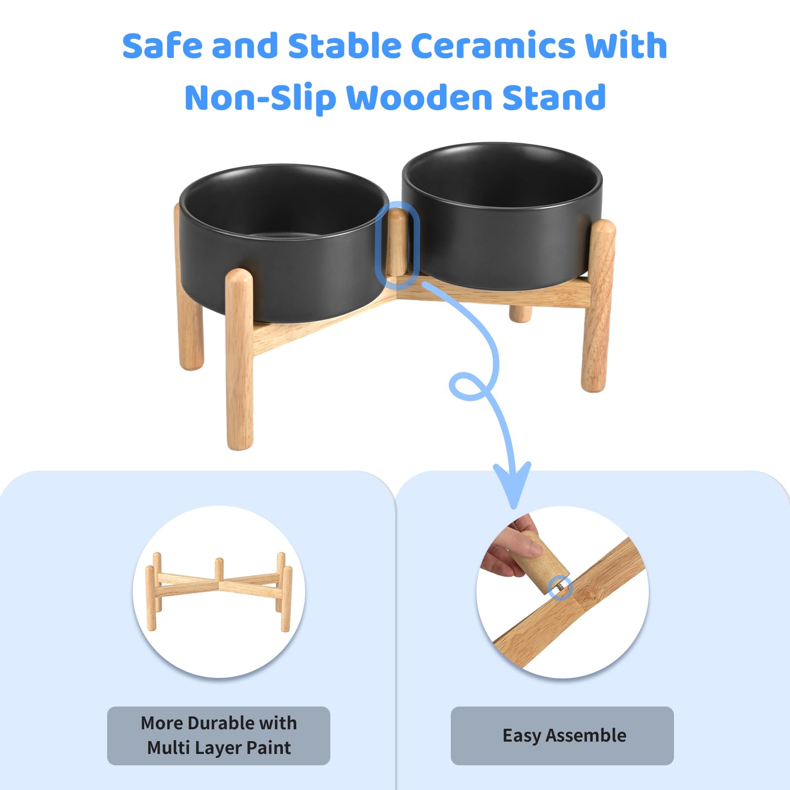SPUNKYJUNKY Gamelle surélevée en céramique avec support en bois pour chien de taille moyenne et grande - Gamelle d'alimentation et d'eau pour animaux domestiques (double gamelles de 1,70 g, noir)